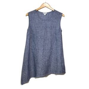 Garnet Hill Linen Tunic Top Asymmetrical Sleeveless Scoop Neck Chambray Blue 4